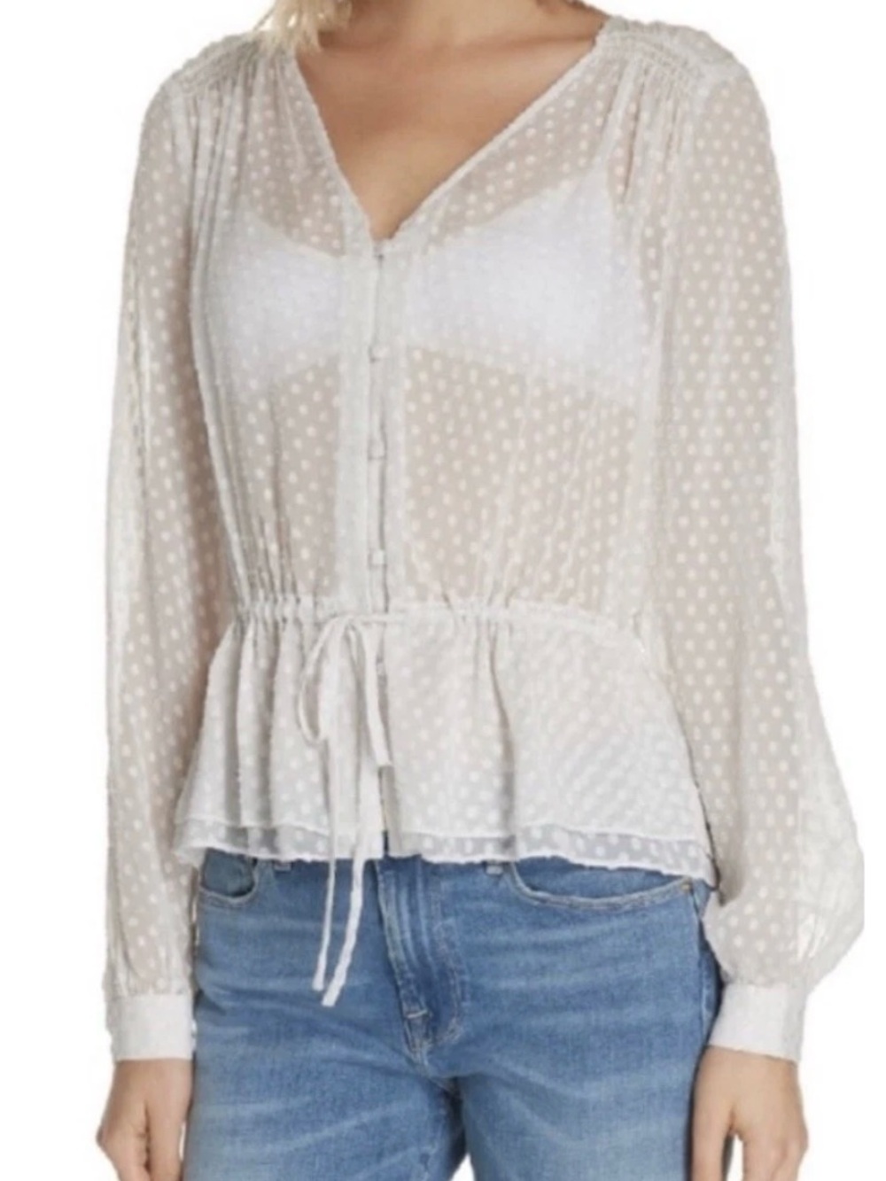 FRAME Polka Dot Silk Blend Blouse Off White Light Cream Sheer Peasant Sz XS